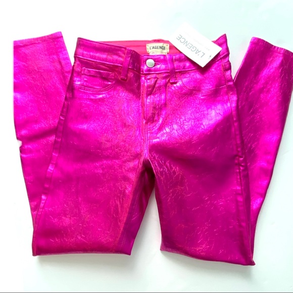 L'AGENCE Coated Foil Metallic Stretch High Rise Skinny Jeans Hot Pink 25 - Picture 3 of 15